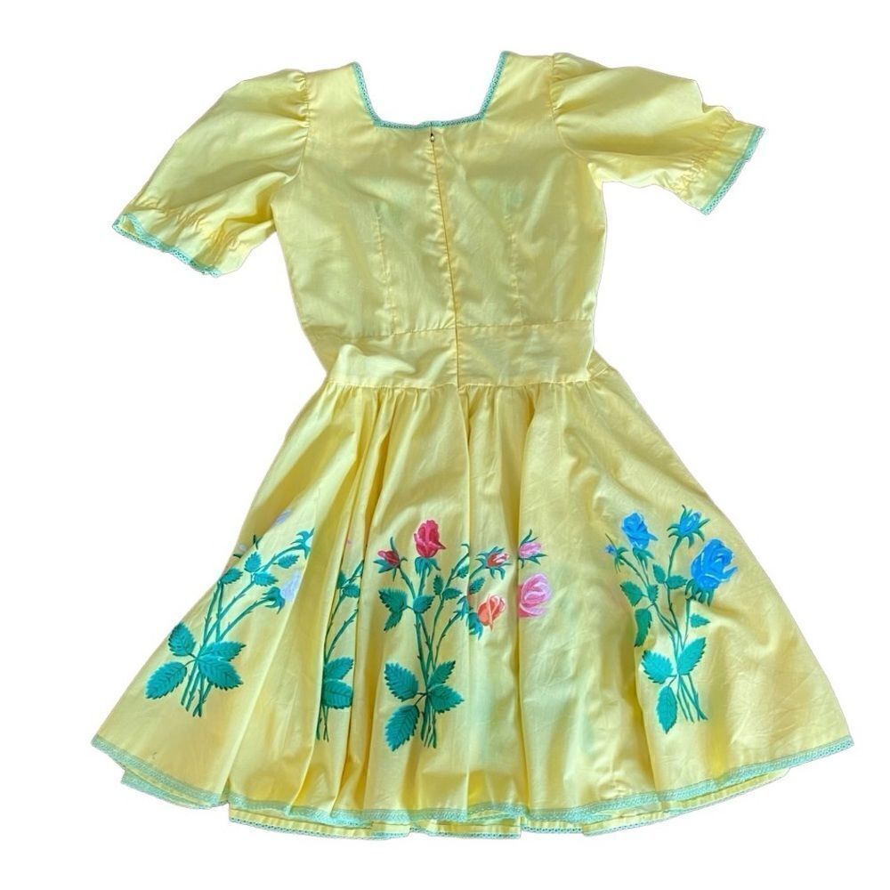 Vintage Square Dance Dress Hand Painted Roses RicRac Ruffles Yellow - Picture 2 of 6